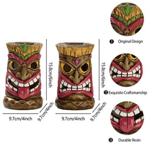 TERESA'S COLLECTIONS Set of 2 Tribal Tiki Head Decor Garden Sculptures & Statues with Solar Lights, Hawaiian Tropical Tiki Torch Totem Figurine, Outdoor Bar Patio Yard Lawn Party Beach Decorations