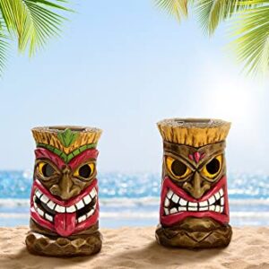 TERESA'S COLLECTIONS Set of 2 Tribal Tiki Head Decor Garden Sculptures & Statues with Solar Lights, Hawaiian Tropical Tiki Torch Totem Figurine, Outdoor Bar Patio Yard Lawn Party Beach Decorations