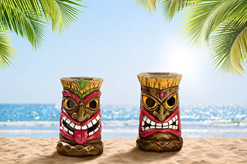 TERESA'S COLLECTIONS Set of 2 Tribal Tiki Head Decor Garden Sculptures & Statues with Solar Lights, Hawaiian Tropical Tiki Torch Totem Figurine, Outdoor Bar Patio Yard Lawn Party Beach Decorations