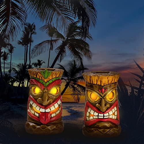 TERESA'S COLLECTIONS Set of 2 Tribal Tiki Head Decor Garden Sculptures & Statues with Solar Lights, Hawaiian Tropical Tiki Torch Totem Figurine, Outdoor Bar Patio Yard Lawn Party Beach Decorations