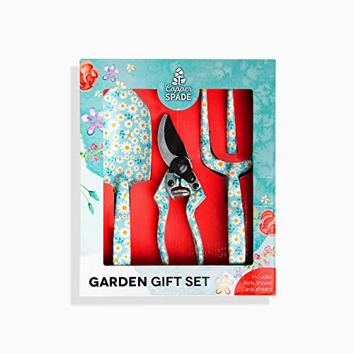 Copper Spade 3 Piece Decorative Garden Tool Set - Trowel, Pruning Shears, Cultivator Fork Gift Set (Lazy Daisy)