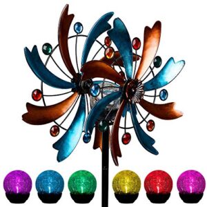 maggift solar wind spinner, 56.3 inch outdoor metal stake yard spinners, garden wind catcher wind mills, solar powered rgb color changing led with glass ball, lawn yard patio decoration