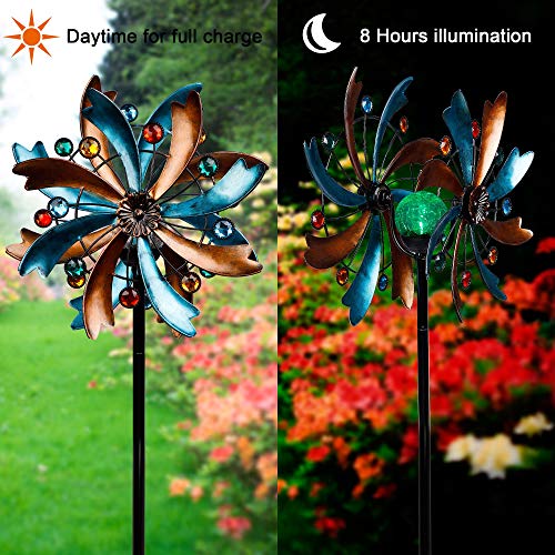 MAGGIFT Solar Wind Spinner, 56.3 Inch Outdoor Metal Stake Yard Spinners, Garden Wind Catcher Wind Mills, Solar Powered RGB Color Changing LED with Glass Ball, Lawn Yard Patio Decoration