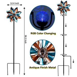 MAGGIFT Solar Wind Spinner, 56.3 Inch Outdoor Metal Stake Yard Spinners, Garden Wind Catcher Wind Mills, Solar Powered RGB Color Changing LED with Glass Ball, Lawn Yard Patio Decoration