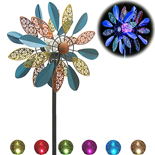 Solar Wind Spinner Arabesque 75in Multi-Color Seasonal LED Lighting Solar Powered Glass Ball with Kinetic Wind Spinner Dual Direction for Patio Lawn & Garden, Easy to Assemble and LED Color Changing