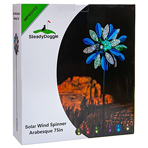 Solar Wind Spinner Arabesque 75in Multi-Color Seasonal LED Lighting Solar Powered Glass Ball with Kinetic Wind Spinner Dual Direction for Patio Lawn & Garden, Easy to Assemble and LED Color Changing