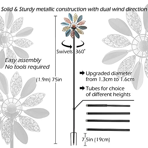 Solar Wind Spinner Arabesque 75in Multi-Color Seasonal LED Lighting Solar Powered Glass Ball with Kinetic Wind Spinner Dual Direction for Patio Lawn & Garden, Easy to Assemble and LED Color Changing