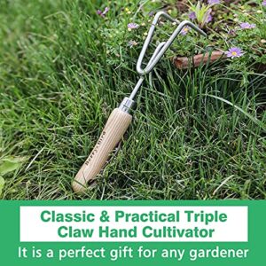 Berry&Bird Garden Hand Cultivator, Stainless Steel Handheld Triple Claw Hand Rake with Ergonomic Wooden Handle and Leather Strap, Heavy Duty Garden Tilling Tool for Weeding, Turning Soil, Cultivating