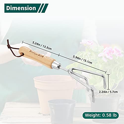 Berry&Bird Garden Hand Cultivator, Stainless Steel Handheld Triple Claw Hand Rake with Ergonomic Wooden Handle and Leather Strap, Heavy Duty Garden Tilling Tool for Weeding, Turning Soil, Cultivating