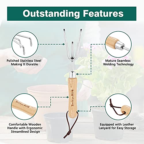 Berry&Bird Garden Hand Cultivator, Stainless Steel Handheld Triple Claw Hand Rake with Ergonomic Wooden Handle and Leather Strap, Heavy Duty Garden Tilling Tool for Weeding, Turning Soil, Cultivating