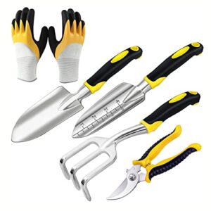 ttntu 5pcs garden tool set, ergonomic handle tools, heavy duty aviation aluminum gardening kit gift for men & women, yellow (tt03)