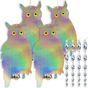 homescape creations owl decoy scare – plastic hanging reflective scarer – ornamental decorative wind spinner for home and garden – with 4 spiral rods and 4 suction cups