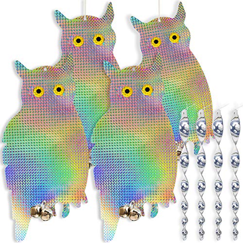 HOMESCAPE CREATIONS Owl Decoy Scare - Plastic Hanging Reflective Scarer - Ornamental Decorative Wind Spinner for Home and Garden - with 4 Spiral Rods and 4 Suction Cups