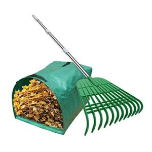 gardzen 12 tines gardening leaf rake, lightweight steel handle, detachable, ideal camp rake, comes with dustpan-type garden bag