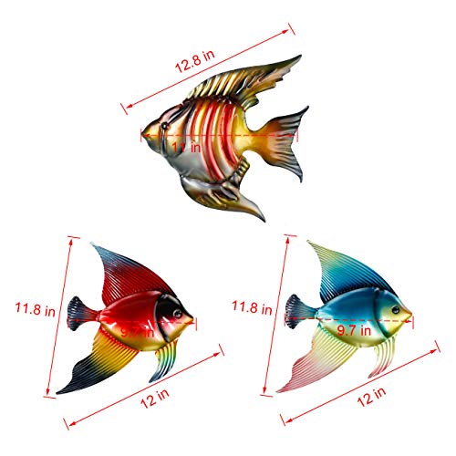 FANWNKI Set of 3 Metal Fish Wall Decor Art Outdoor Indoor Sculpture Hanging for Pool Home Porch Fence Garden