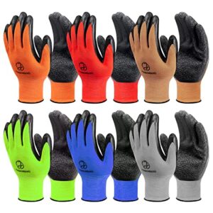 garden gloves for men, 6 pairs breathable latex garden gloves, multicolored nylon glove with black latex crinkle coated，work gloves for men, large size…