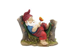 comfy hour 7″ polyresin garden gnome sleeping on stump dwarf statue figurine for outdoor garden decoration, multicolor, spring in garden collection
