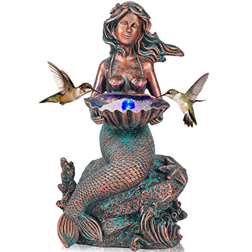 Mermaid Sitting on Rock Statue Decorations Animals Bird Bath Feeder Garden Statue Light Up Figurines Princess Ornament Indoor Outdoor Sculpture Gift for Home Yard Patio Decor