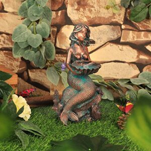 Mermaid Sitting on Rock Statue Decorations Animals Bird Bath Feeder Garden Statue Light Up Figurines Princess Ornament Indoor Outdoor Sculpture Gift for Home Yard Patio Decor