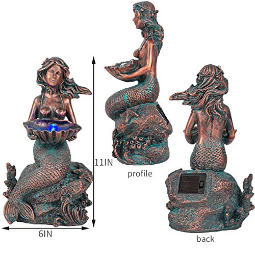 Mermaid Sitting on Rock Statue Decorations Animals Bird Bath Feeder Garden Statue Light Up Figurines Princess Ornament Indoor Outdoor Sculpture Gift for Home Yard Patio Decor