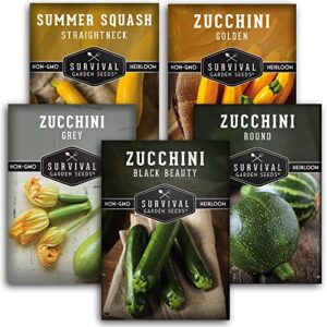 survival garden seeds zucchini & squash collection seed vault – non-gmo heirloom seeds for planting vegetables – assortment of golden, round, grey, black beauty zucchinis, straight neck summer squash