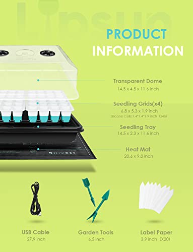 LIPSUN Seed Starter Tray Kit with Grow Light, Seedling Starter Trays, 48 Cells Reusable Plant Starters Silicone, Enhanced Material Seed Germination Kit with Heat Mat/Humidity Dome/High-Raised Lid