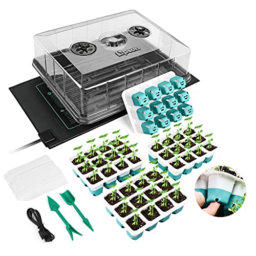 LIPSUN Seed Starter Tray Kit with Grow Light, Seedling Starter Trays, 48 Cells Reusable Plant Starters Silicone, Enhanced Material Seed Germination Kit with Heat Mat/Humidity Dome/High-Raised Lid