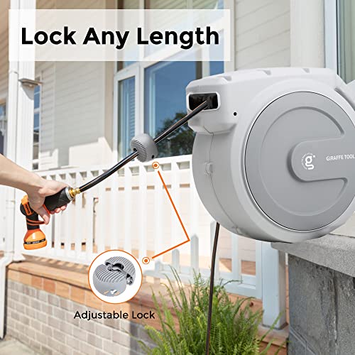 Giraffe Tools Retractable Hose Reel 5/8 inch x 90 ft Wall Mounted Water Hose Reel Heavy Duty with Automatic Rewind, 180 Deg Swivel Bracket, Any Length Lock, 9 Pattern Hose Nozzle Light Grey