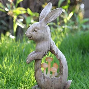 Joyathome Solar Garden Bunny Statues Rabbit with Mushroom Figurine, Solar Powered Resin Animal Sculpture Outdoor Lights for Patio Lawn,Yard ATR Garden Sculpture Decorations,11.7”H