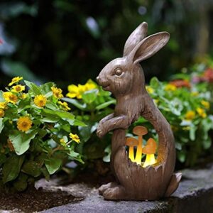 Joyathome Solar Garden Bunny Statues Rabbit with Mushroom Figurine, Solar Powered Resin Animal Sculpture Outdoor Lights for Patio Lawn,Yard ATR Garden Sculpture Decorations,11.7”H