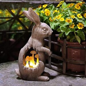 Joyathome Solar Garden Bunny Statues Rabbit with Mushroom Figurine, Solar Powered Resin Animal Sculpture Outdoor Lights for Patio Lawn,Yard ATR Garden Sculpture Decorations,11.7”H