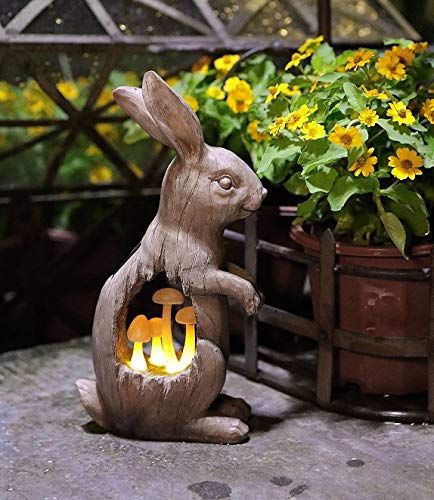 Joyathome Solar Garden Bunny Statues Rabbit with Mushroom Figurine, Solar Powered Resin Animal Sculpture Outdoor Lights for Patio Lawn,Yard ATR Garden Sculpture Decorations,11.7”H