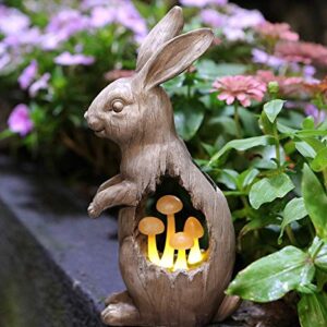 Joyathome Solar Garden Bunny Statues Rabbit with Mushroom Figurine, Solar Powered Resin Animal Sculpture Outdoor Lights for Patio Lawn,Yard ATR Garden Sculpture Decorations,11.7”H