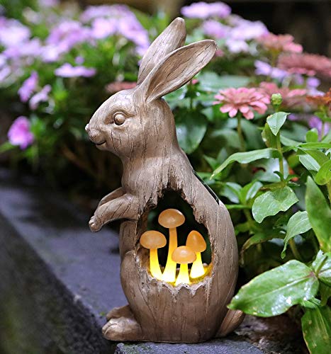 Joyathome Solar Garden Bunny Statues Rabbit with Mushroom Figurine, Solar Powered Resin Animal Sculpture Outdoor Lights for Patio Lawn,Yard ATR Garden Sculpture Decorations,11.7”H