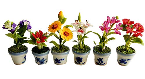 6 Miniatures Flower Garden Artificial Clay Pots Size s Scale 1:12