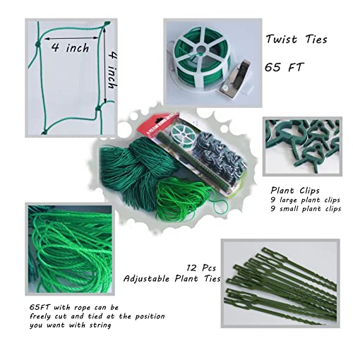 Trellis Netting Kit for Climbing Plants, Heavy Duty Durable Garden Trellis Netting for Vines Cucumbers Grape, 65' Twist Ties &18 Pcs Plant Clips &12 Pcs Adjustable Plant Ties (6.5x16.5Ft, 4" Mesh)