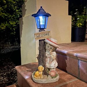 aloak girl garden statue with solar lights and welcome sign 20 inch, girl statue for home garden lawn patio décor