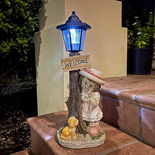 ALOAK Girl Garden Statue with Solar Lights and Welcome Sign 20 Inch, Girl Statue for Home Garden Lawn Patio Décor