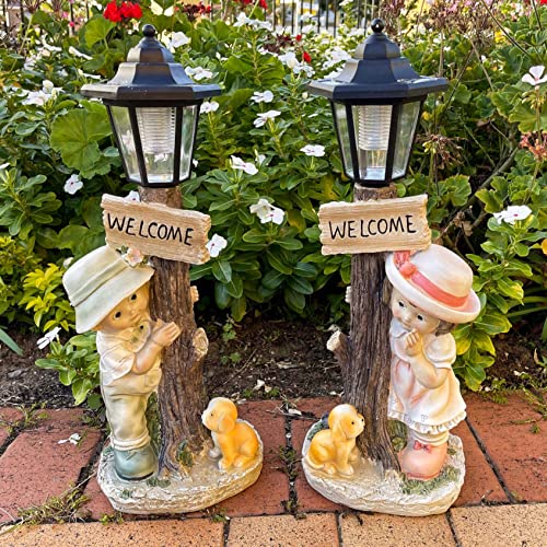 ALOAK Girl Garden Statue with Solar Lights and Welcome Sign 20 Inch, Girl Statue for Home Garden Lawn Patio Décor