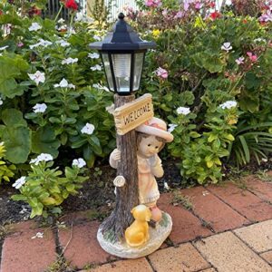 ALOAK Girl Garden Statue with Solar Lights and Welcome Sign 20 Inch, Girl Statue for Home Garden Lawn Patio Décor