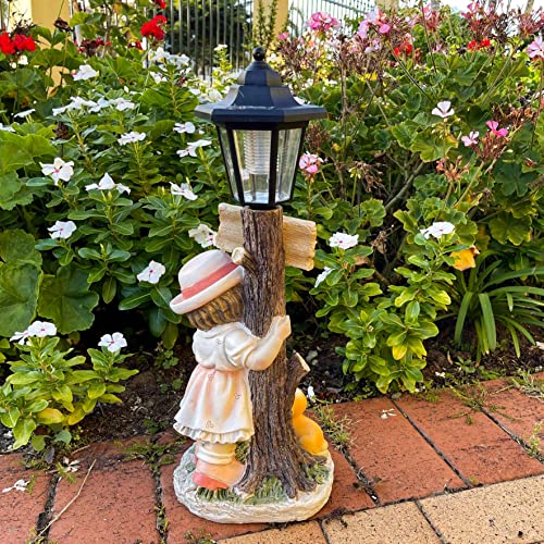 ALOAK Girl Garden Statue with Solar Lights and Welcome Sign 20 Inch, Girl Statue for Home Garden Lawn Patio Décor