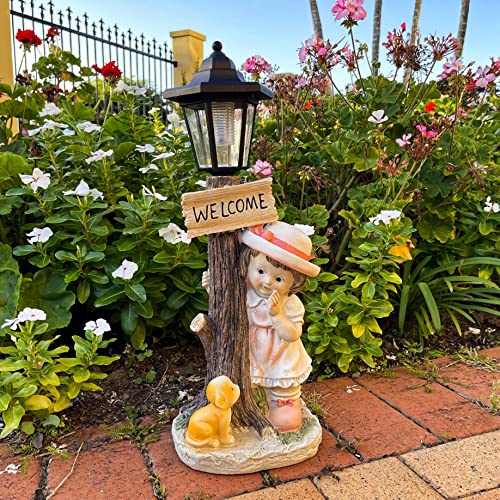 ALOAK Girl Garden Statue with Solar Lights and Welcome Sign 20 Inch, Girl Statue for Home Garden Lawn Patio Décor