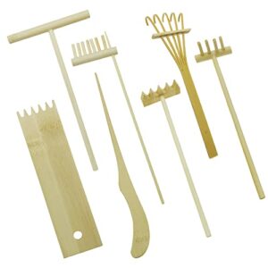 cayway 7 pcs garden rake kit, garden zen rake tools sand garden kits bamboo rakes tool bamboo rakes holder with moss rakes brusher spoon for man women
