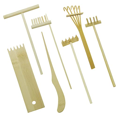 Cayway 7 PCS Garden Rake Kit, Garden Zen Rake Tools Sand Garden Kits Bamboo Rakes Tool Bamboo Rakes Holder with Moss Rakes Brusher Spoon for Man Women