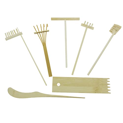 Cayway 7 PCS Garden Rake Kit, Garden Zen Rake Tools Sand Garden Kits Bamboo Rakes Tool Bamboo Rakes Holder with Moss Rakes Brusher Spoon for Man Women