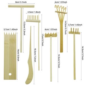 Cayway 7 PCS Garden Rake Kit, Garden Zen Rake Tools Sand Garden Kits Bamboo Rakes Tool Bamboo Rakes Holder with Moss Rakes Brusher Spoon for Man Women