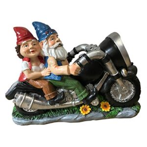 biker garden gnomes couple on motorcycle – outdoor cute figurine motorcycle statues, garden gnome outdoor, biker couple in love, make your home and garden more fun, great gift