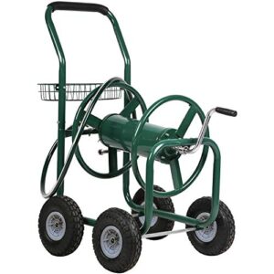 garden water hose reel cart tools with wheels garden lawn water truck water planting cart heavy duty outdoor yard water planting holds 300-feet of 5/8-inch hose with storage basket (green)