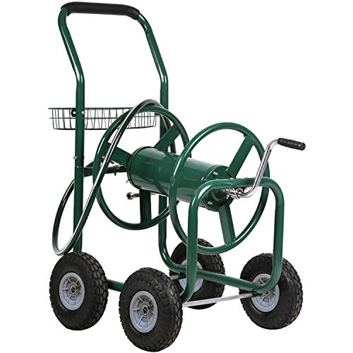 Garden Water Hose Reel Cart Tools with Wheels Garden Lawn Water Truck Water Planting Cart Heavy Duty Outdoor Yard Water Planting Holds 300-Feet of 5/8-Inch Hose with Storage Basket (Green)