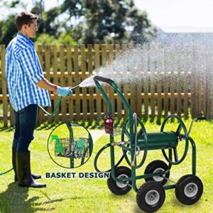 Garden Water Hose Reel Cart Tools with Wheels Garden Lawn Water Truck Water Planting Cart Heavy Duty Outdoor Yard Water Planting Holds 300-Feet of 5/8-Inch Hose with Storage Basket (Green)